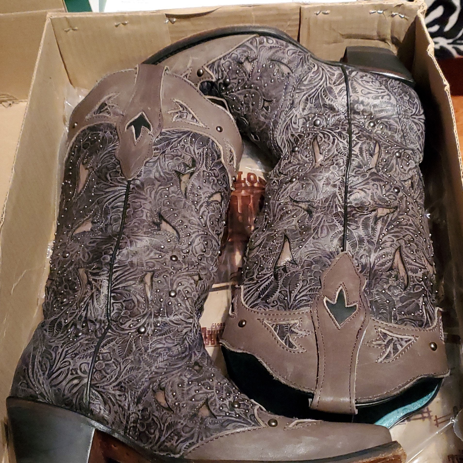 Handcrafted Corral Studded Embossed Cowgirl Boot Black/Grey 8.5